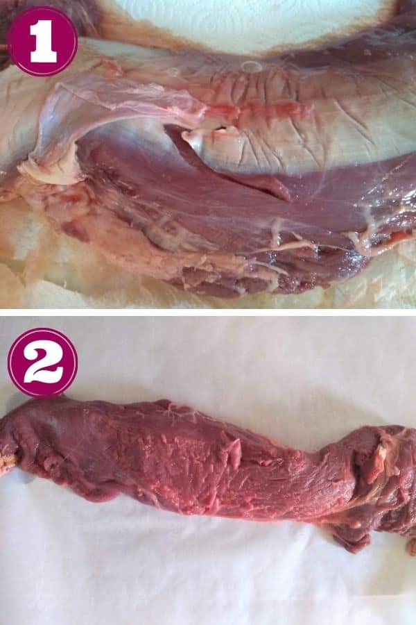 Step 1 shows the sliver skin on the roast up close
Step 2 shows the silver skin removed 