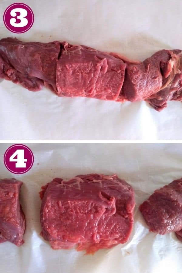 Step 3 shows the roast cut into 3 pieces on a white board. Step 4 focuses in on the center roast that weights around 1 ΒΌ pounds.