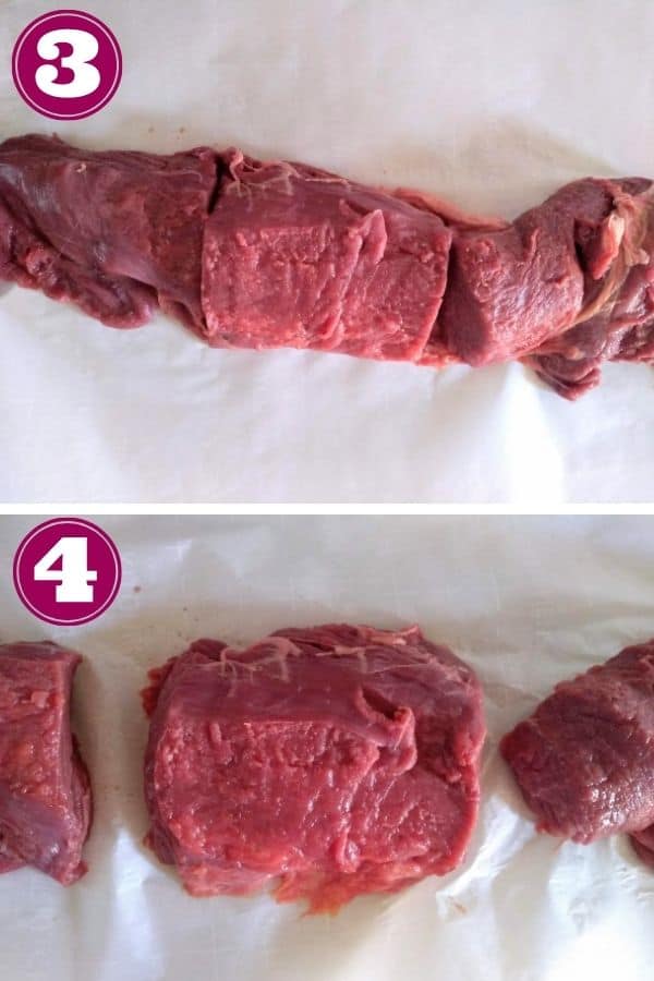 Step 3 shows the roast cut into 3 pieces on a white board.
Step 4 focuses in on the center roast that weights around 1 ¼ pounds.