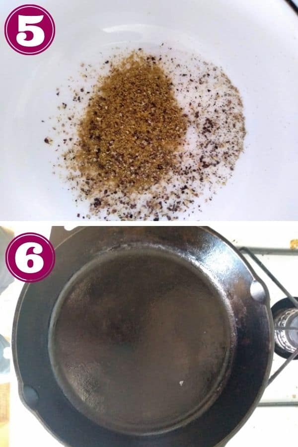 Step 5 shows a bowl of seasoning - kosher salt, black pepper, and cumin.
Step 6 shows a cast iron skillet on top of a burner of a gas oven.