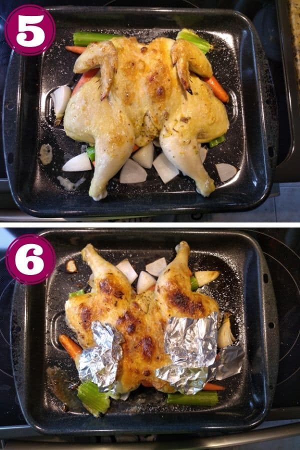 Step 5 shows the whole chicken out of the oven just beginning to brown. The wing tips are starting to burn.
Step 6  shows the wing tips covered in foil and the chicken fully browned.