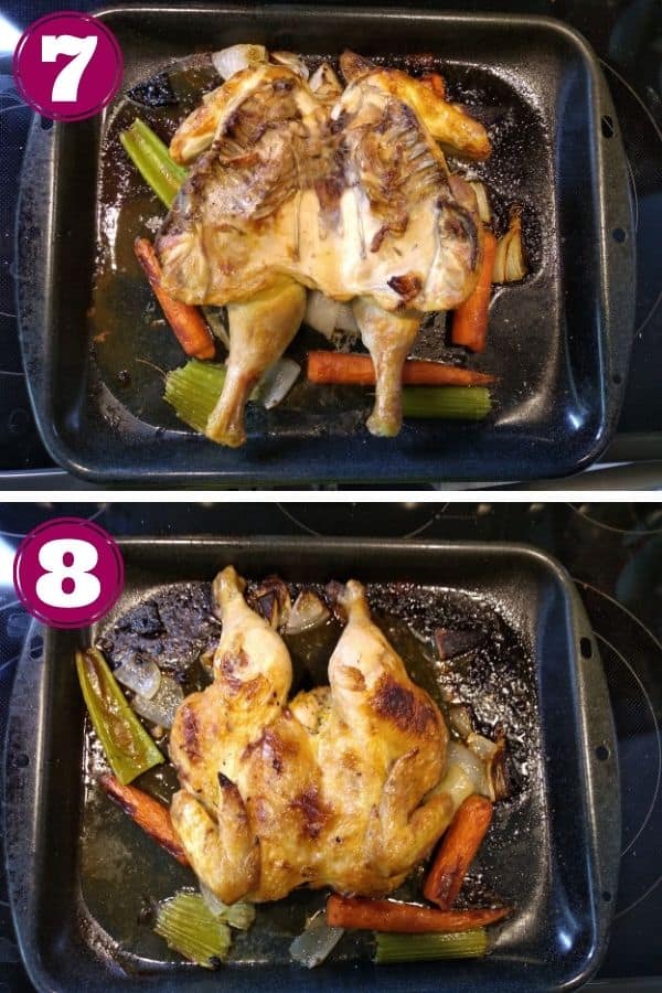 Step 7 shows the chicken turned over so the breast side is down
Step 8 shows the finished chicken in the roasting pan.