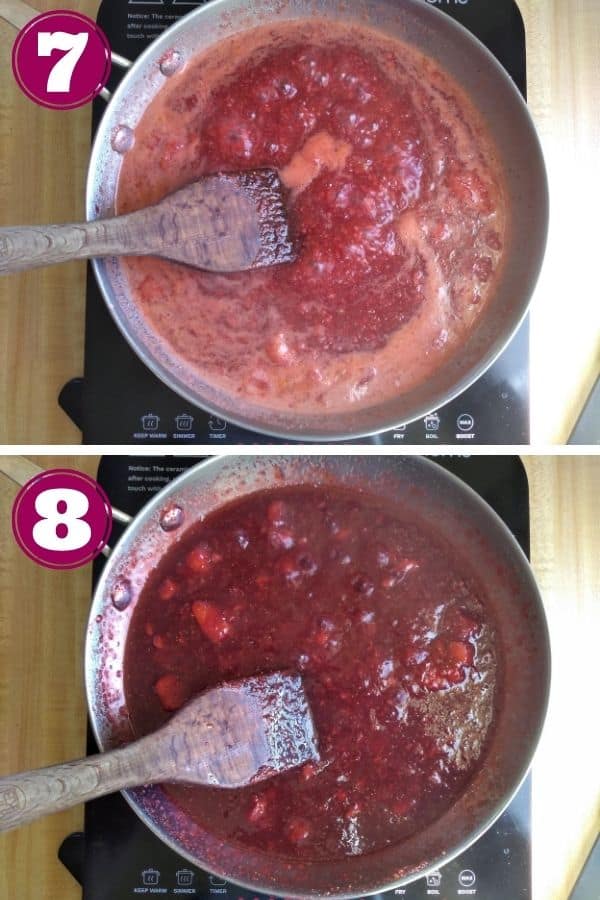 Step 7 shows the jam being cooked in a frying pan with a wood spatula for stirring
Step 8 shows the jam has been thickened and is darker now in color