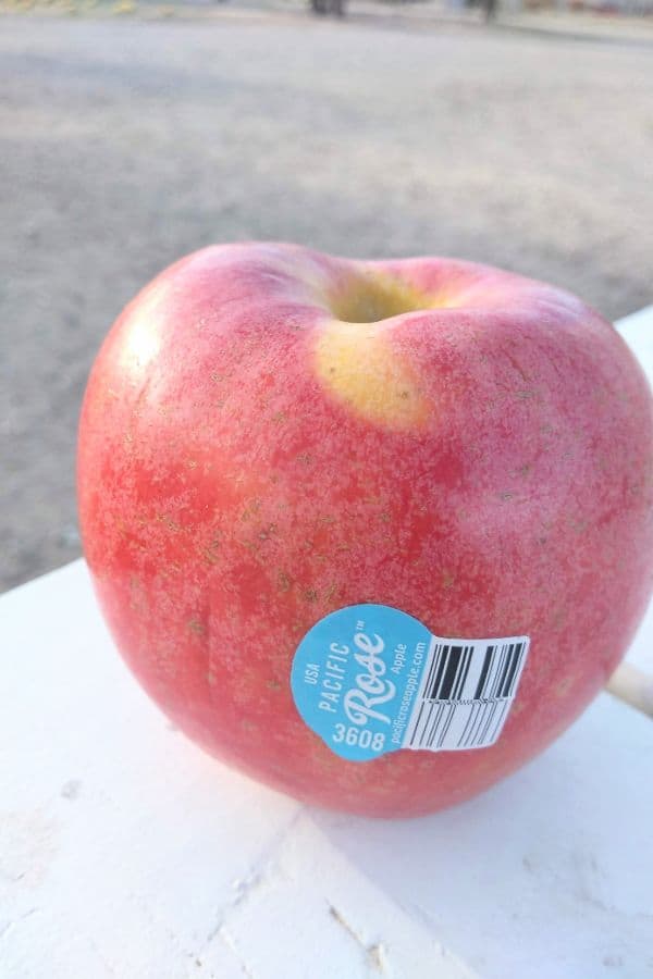 Une pomme rose du Pacifique assise sur une table de pique-nique blanche à l'extérieur