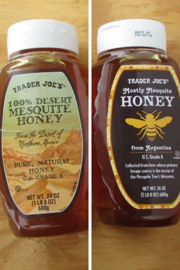 A side by side photo of 100% Desert Mesquite Honey and Mostly Mesquite Honey. 