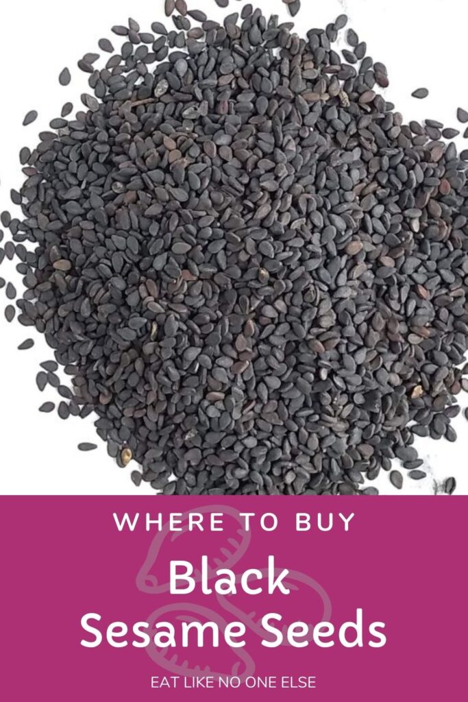 Black sesame seeds sitting on a white background with the words "Where to Buy Black Sesame Seeds" underneath.