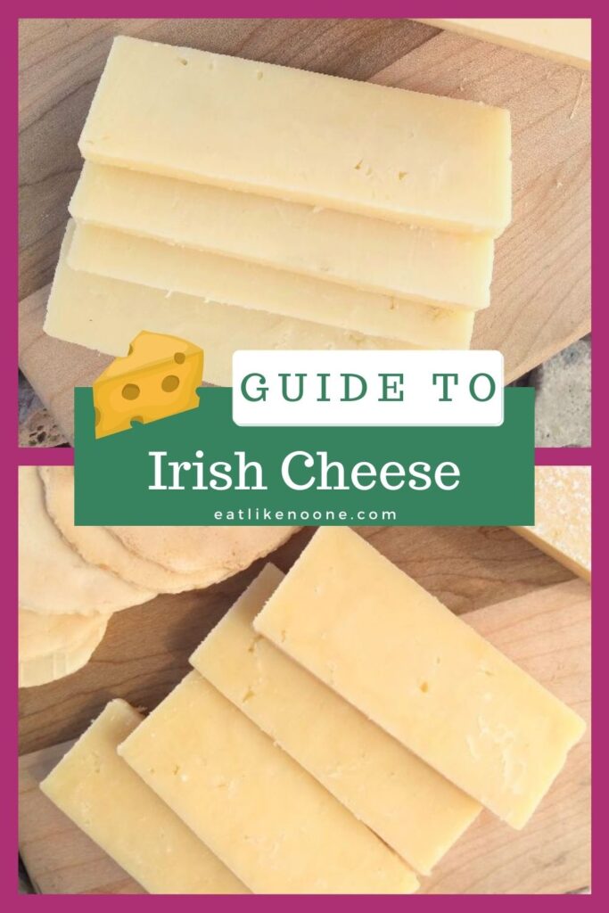 Slices of Irish cheese on a wood cutting board with the words "Guide to Irish cheese" over top. 