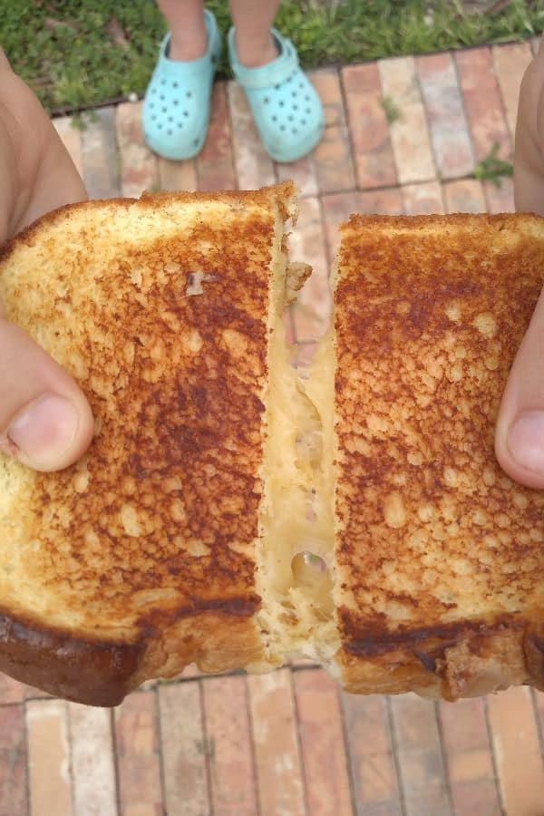 A cut grilled cheese sandwich with Kerrygold Skellig cheese. The cheese is not stretching very much.