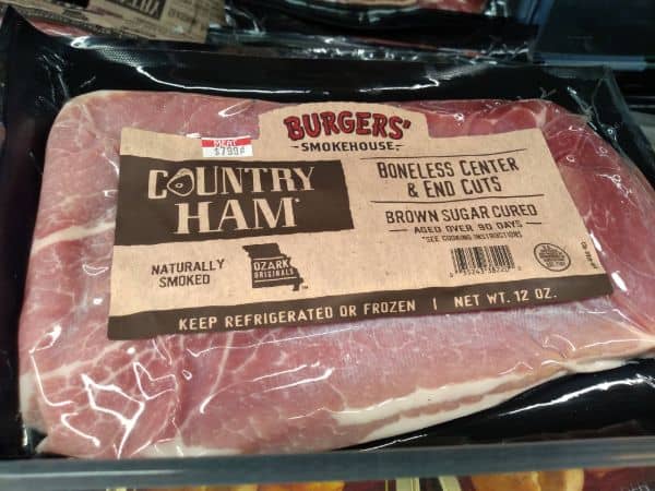 Burgers Smokehouse packaged country ham center and end cuts at the grocery store.
