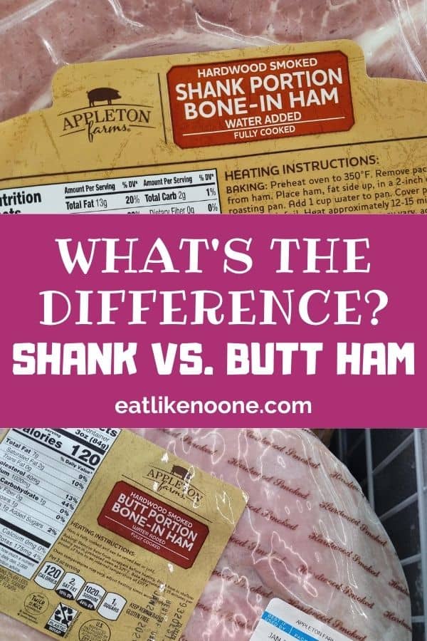 A collage with a packaged shank portion bone-in ham on top, the words "What's the Difference? Shank vs. Butt Ham" in the middle, and butt portion bone-in ham on the bottom.