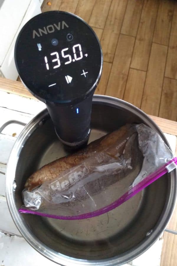 An Anova immersion circulator attached to a stainless steel pot filled with water and a steak in a plastic bag.