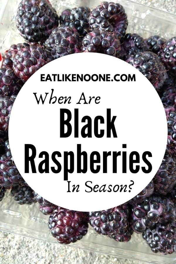 Black raspberries in a clear plastic container on a stone surface with a white circle in front of them with the words inside that circle reading When are Black Raspberries in Season?