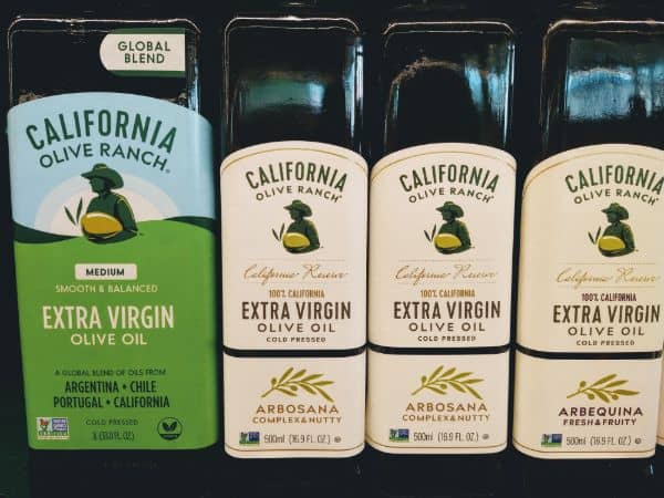 California Olive Ranch bottles at the store. From left to right, global blend, arbosana, and arbequina. 