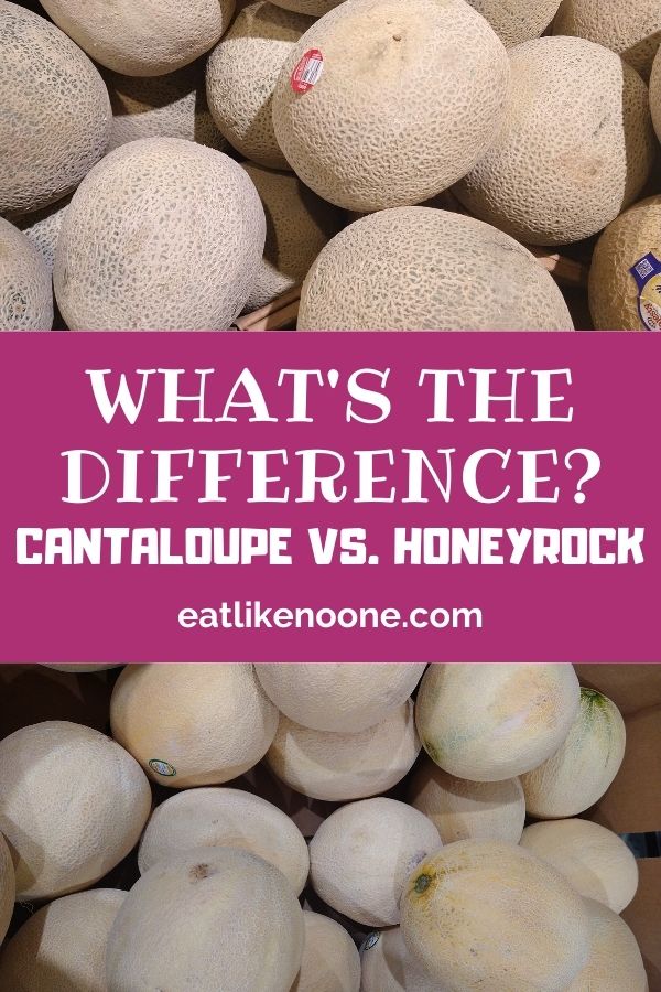 A collage with Cantaloupe melons on top and Honeyrock melons on the bottom. In the middle in a maroon box with white letters it says "What's the Difference? Cantaloupe vs. Honeyrock" 