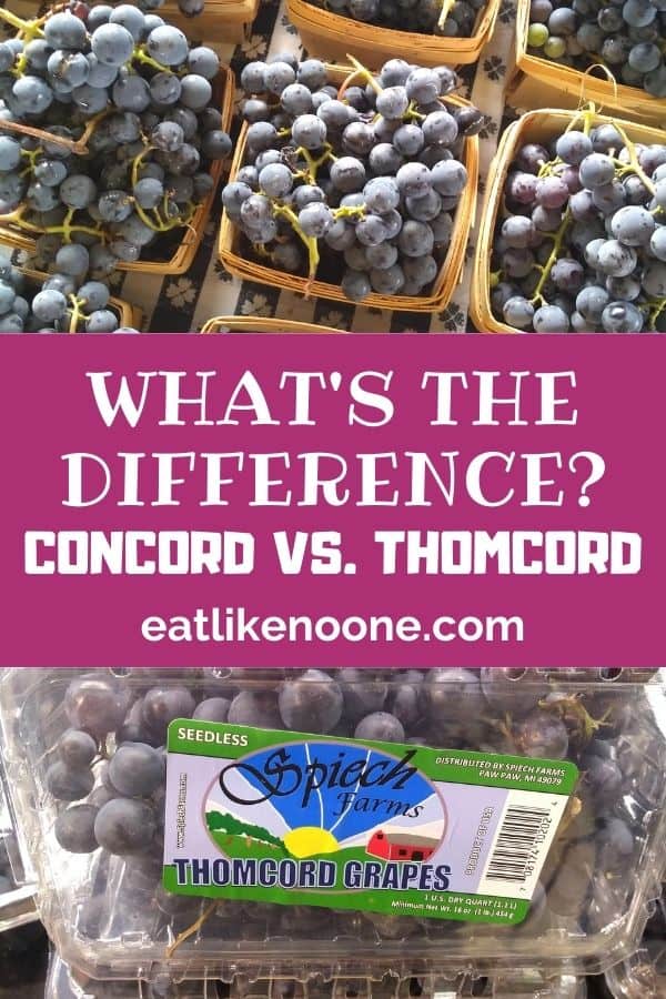 At the top a picture of concord grapes in wooden quart sized containers. On the bottom a plastic clamshell package of thomcord grapes. In between the photos it says "What's the Difference? Concord vs. Thomcord".