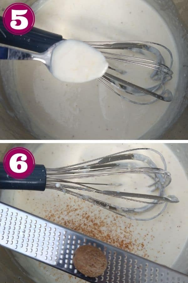 Step 5 shows a spoon over top the pot. It has been dumped into the pot and turned off showing the back of the spoon coated in the sauce. 
Step 6 a Microplane zester over top of the pot with a piece of fresh nutmeg on top being grated into the sauce.