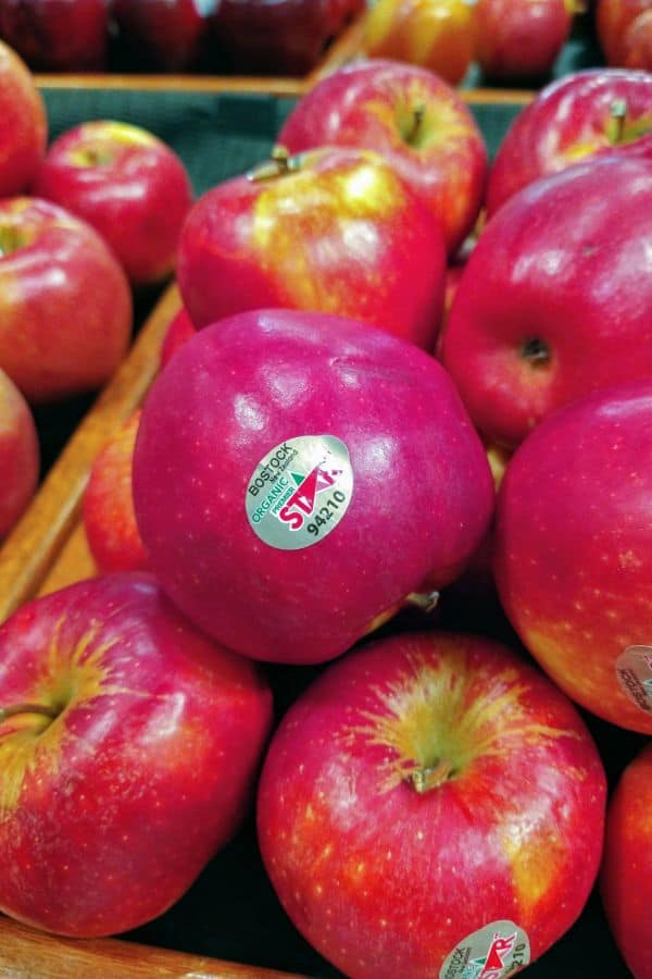 A display of organi Premier star apples stacked up two layers high.