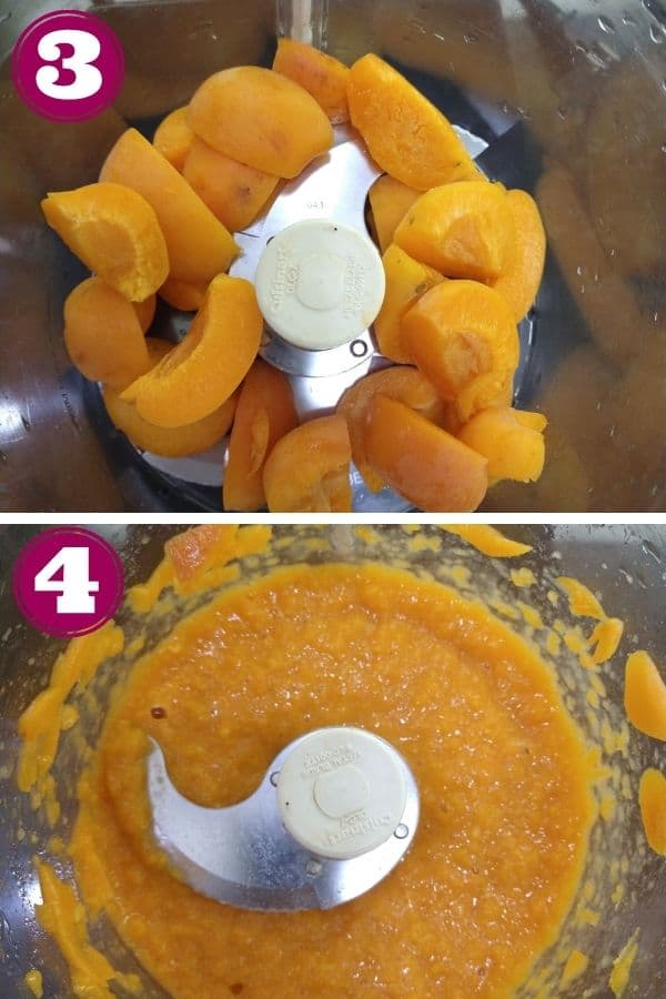 Step 3 shows the apricots inside a food processor with the blade attached.
Step 4 shows the apricots pureed until they are smooth