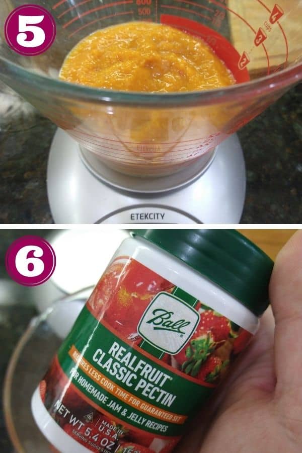 Step 5 shows the apricot puree in a glass measuring cup sittin gon a kitche scale
Step 6 shows a container of Ball Real Fruit Classic Pectin being held 