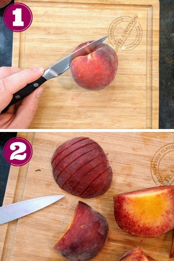 Step 1 shows a knife cutting through a peach on a wood cutting board
Step 2 shows the peach with the skin on being sliced into segments.