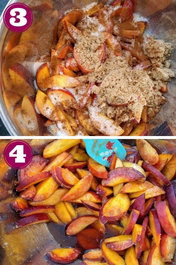 Step 3 shows the peaches in a mixing bowl with brown sugar, white sugar, and spices on top.
Step 4 shows the liquid that pools at the bottom of the bowl after the peaches have sat for 15 minutes. 