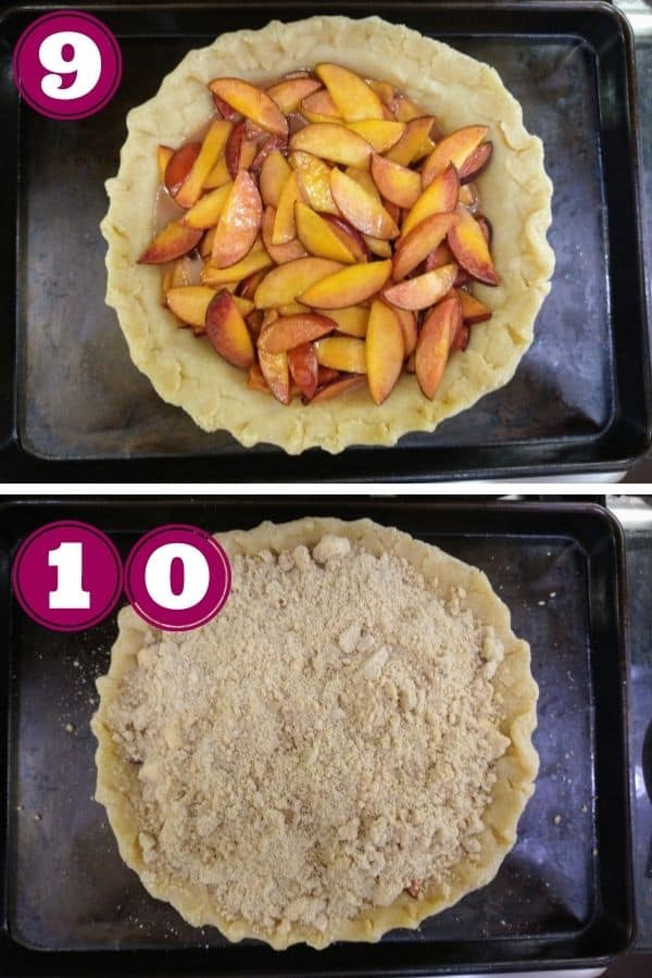 Step 9 shows the peaches added to the crust of the pie. The pie is sitting on a sheet pan
Step 10 shows the topping evenly added to the pie so you no longer see the peaches.