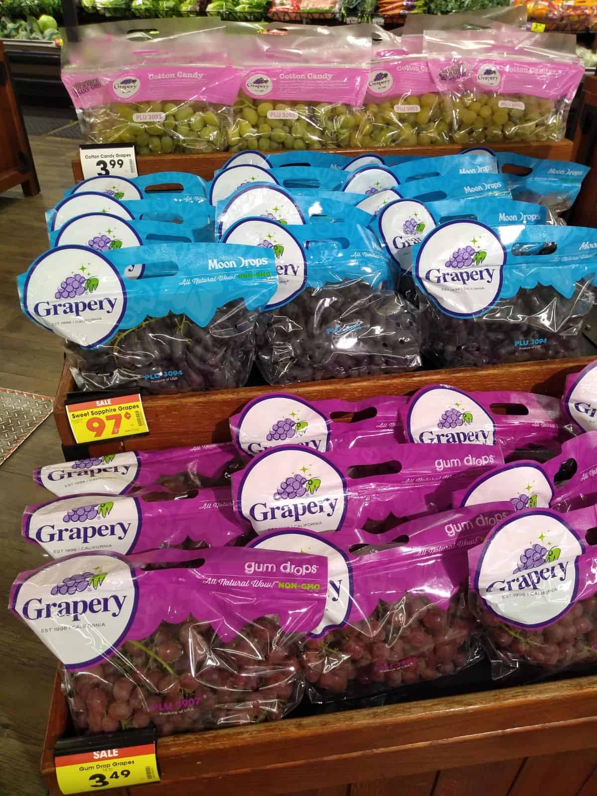 Bags of Grapery grapes at a Kroger store.