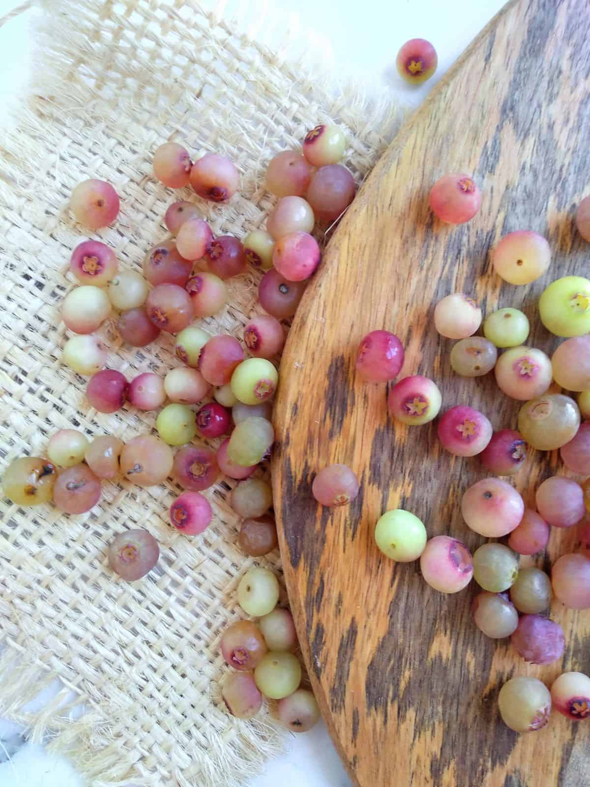Pink colored blueberries called pink lemonade are on a wood cutting board and a piece of burlap next to the board.