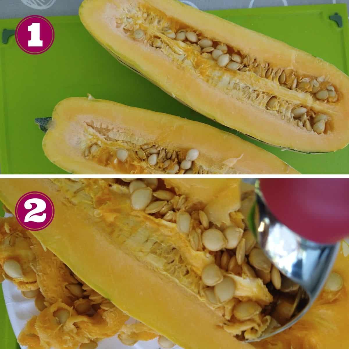 Step 1 of how to prepare the squash. Cut the squash in half length wise. 
Step 2 shows a red ice cream scoop removing the seeds from one half
