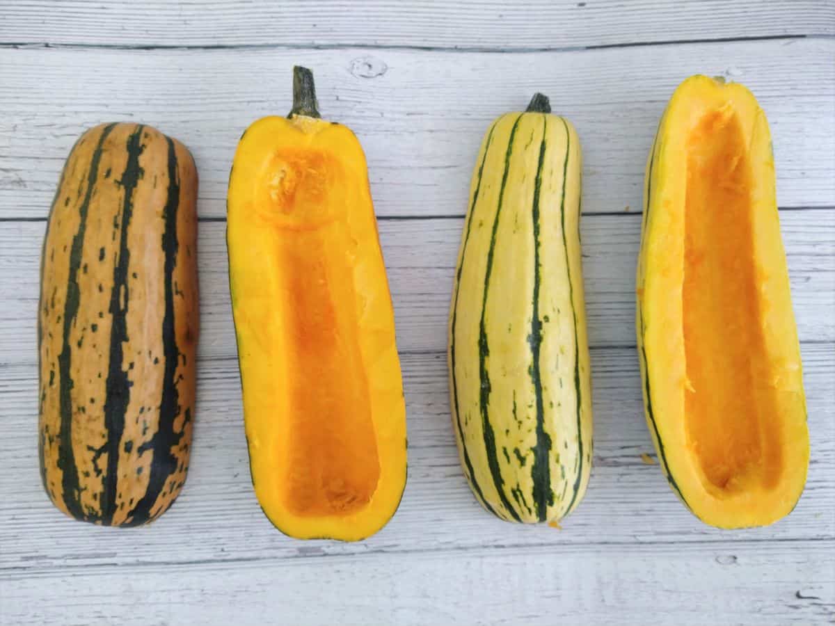 Honey boat delicata squash cut in half showing both sides next to a traditional yellow delicata cut in half showing both sides on a white with black board.