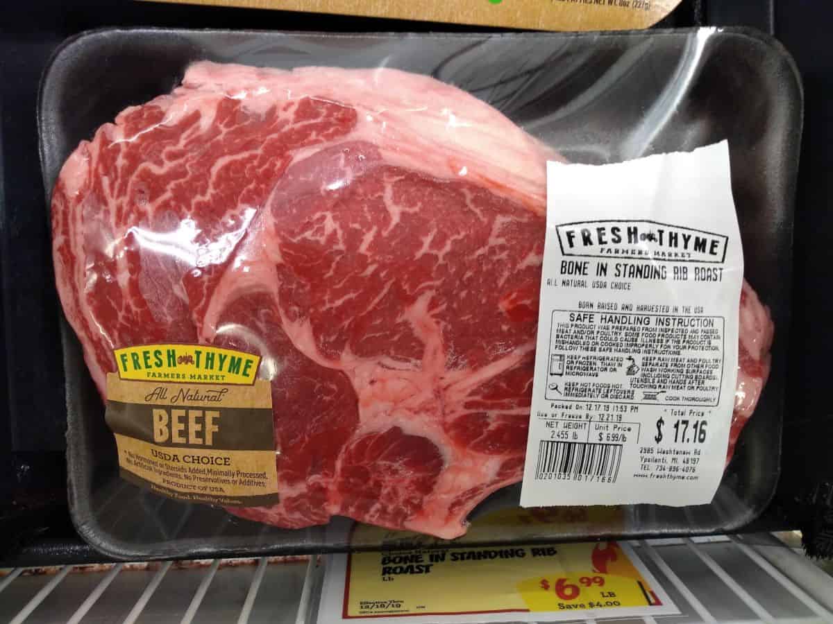 Fresh Thyme Standing Rib Roast in it's packaging at the store. Price is $17.16 total for a 2.455 lb roast at a unit price of $6.99/lb.