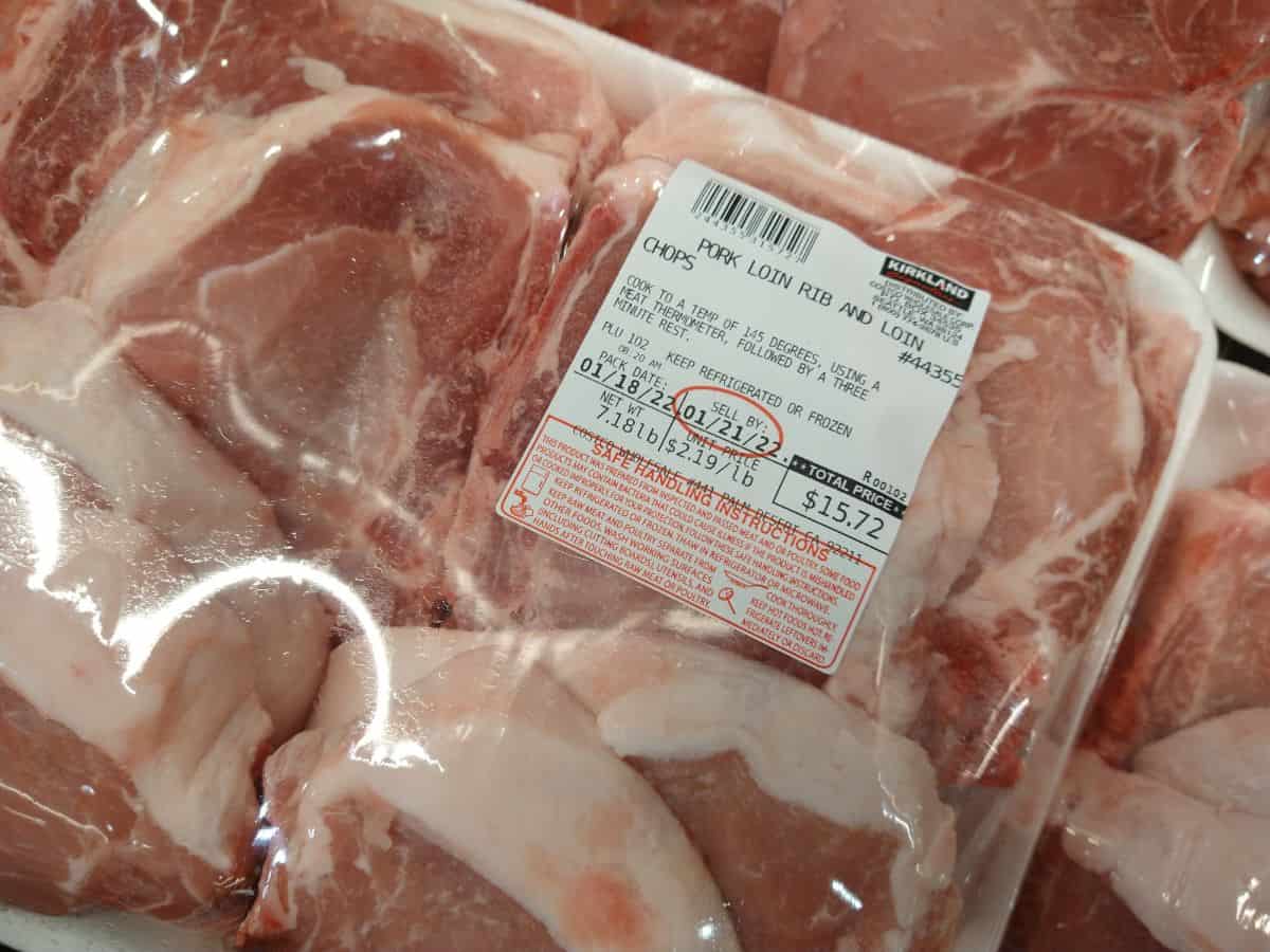 Package of Pork Loin Rib and Loin chops at Costco. The price sticker says $2.19/lb