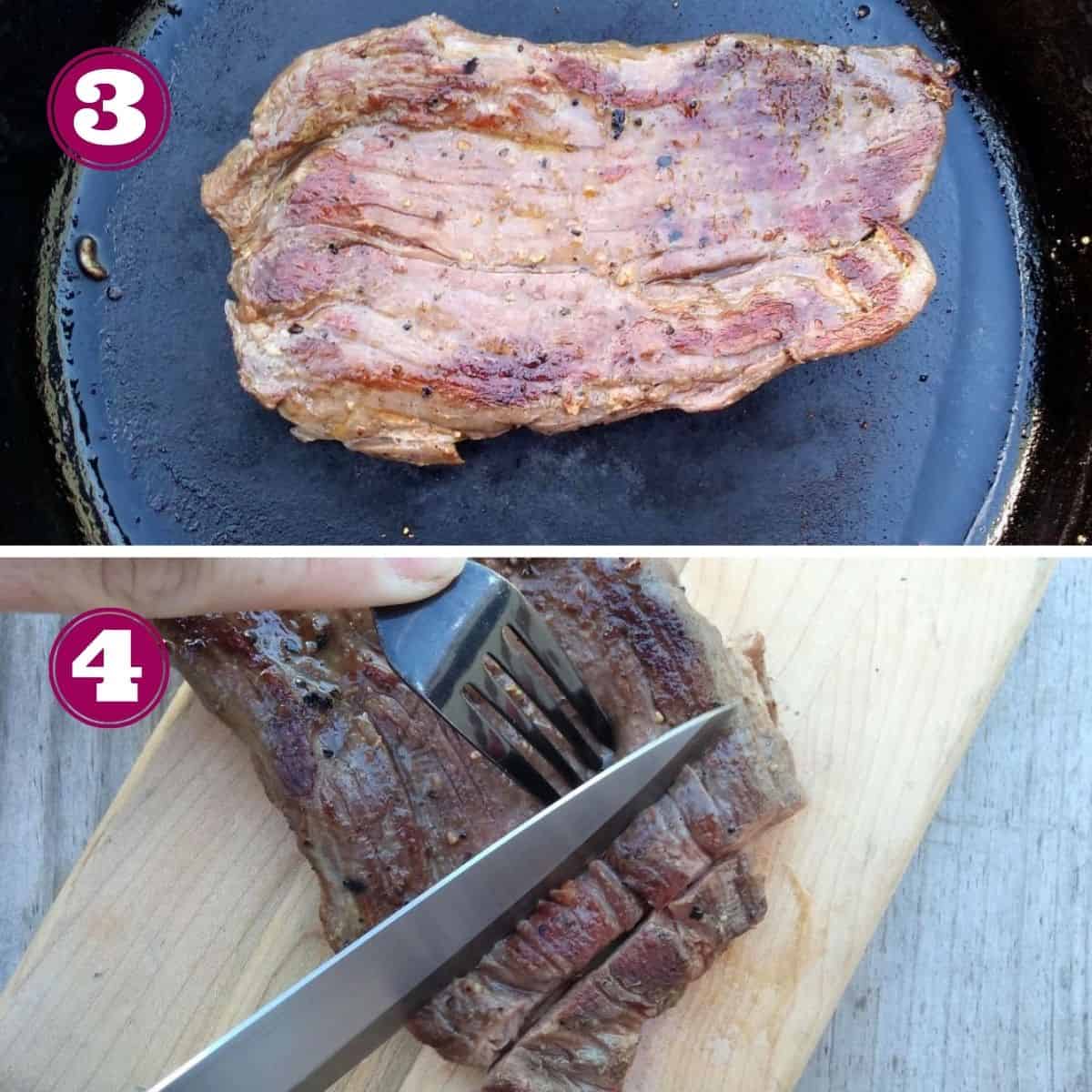 Step 3 shows the Sierra steak browned in a cast iron pan
Step 4 shows a knife running against the grain of the steak on a wood cutting board