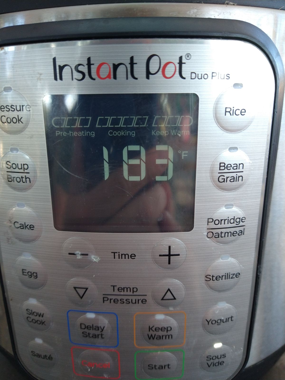 The Instant Pot Duo Plus set to 183 degrees with the sous vide function button pushed. 