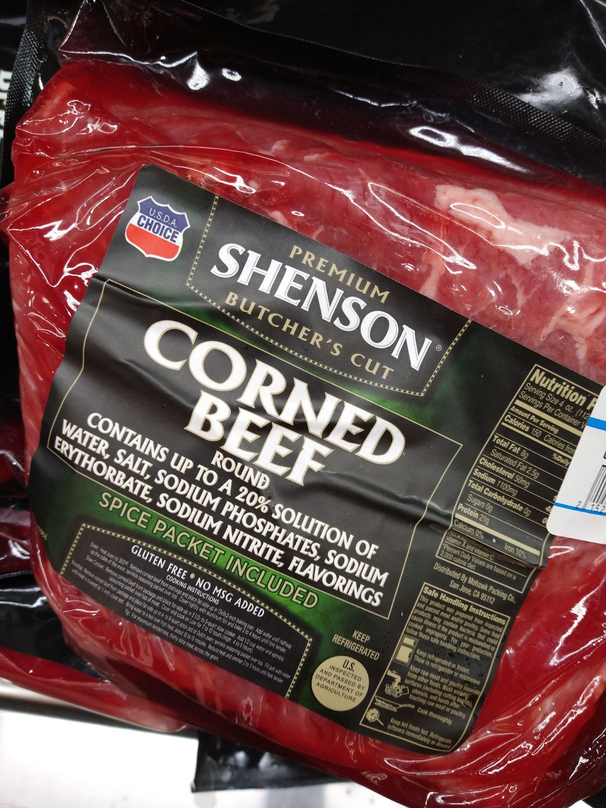 Shenson Butcher's Cut Corned Beef Round in package at a Costco store.