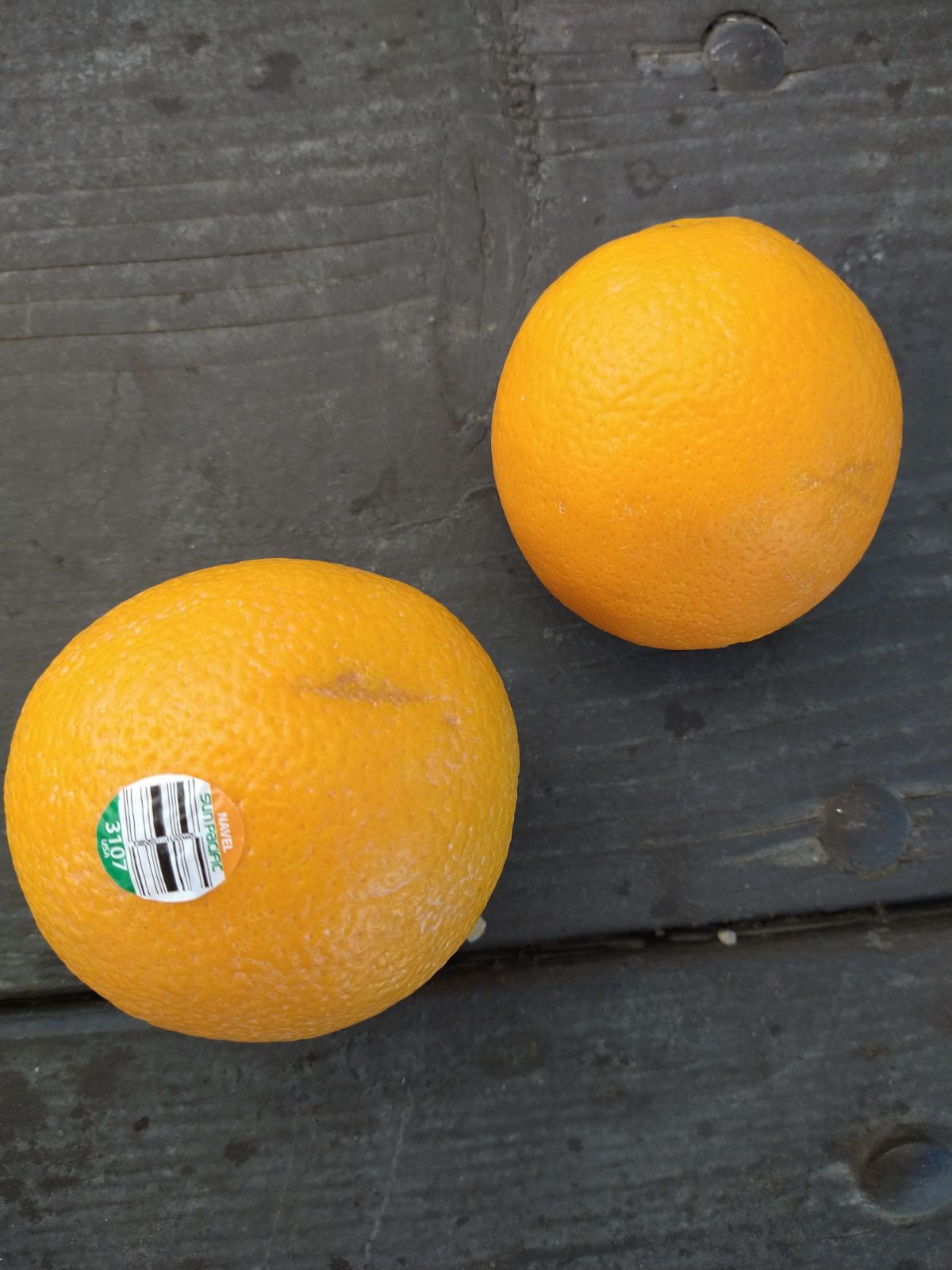 Navel orange on a picnic table next to a heirloom navel orange.