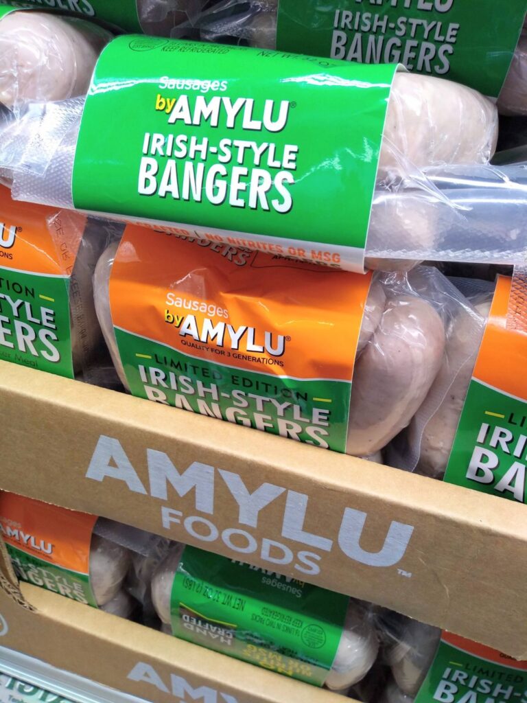 A display at Costco of Sausages by Amylu Irish Style Bangers