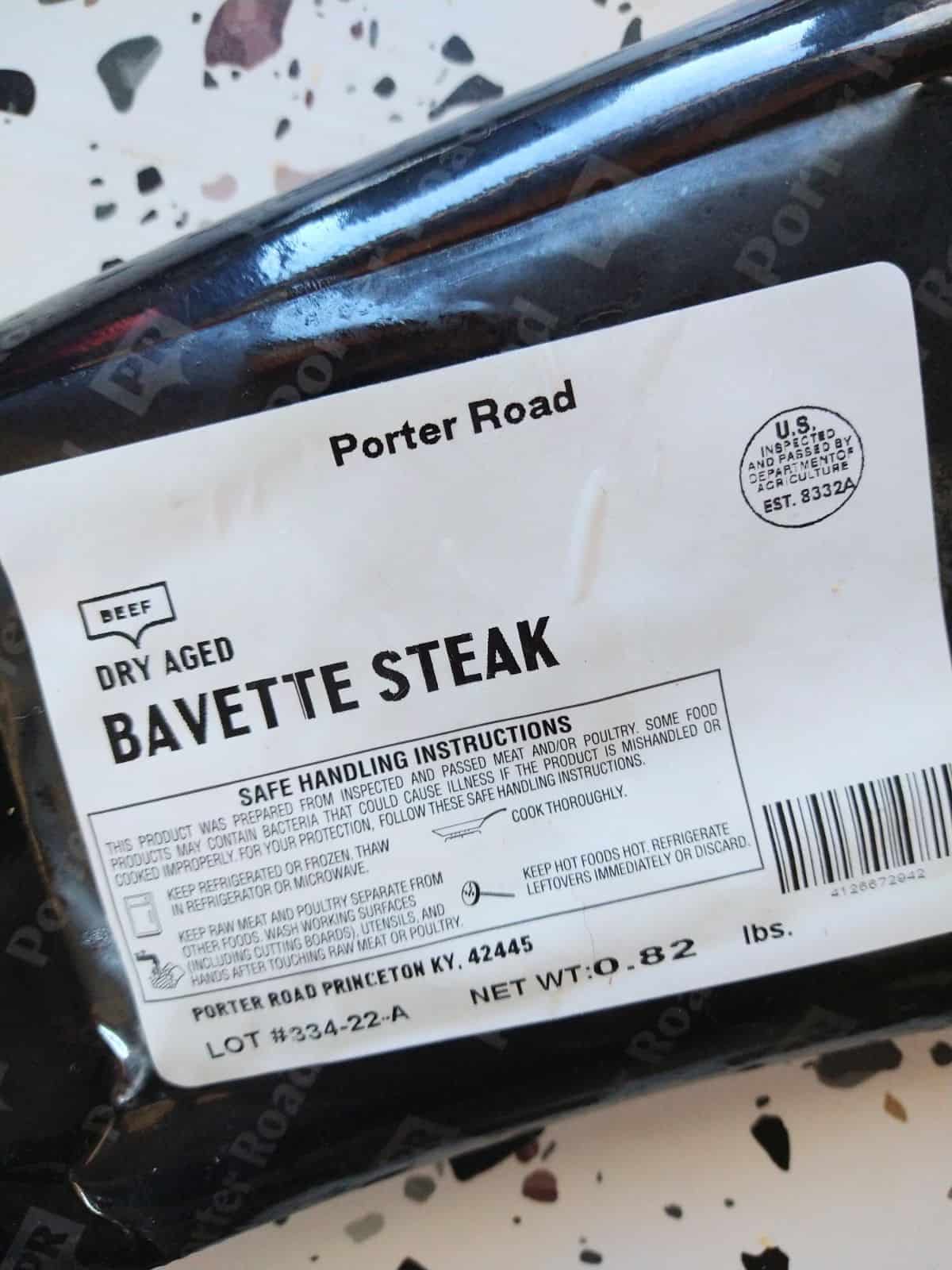 A packaged Porter Road Dry Aged Bavette steak. The steak weighs .82 lbs.