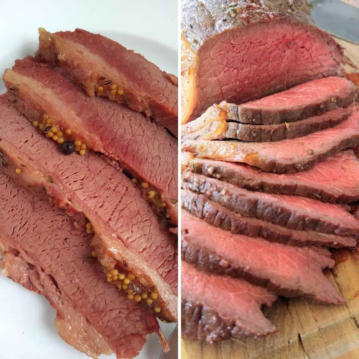 On the left is cooked slicked corned beef on a plate, and on the right is cooked sliced roast beef on a wood cutting board.