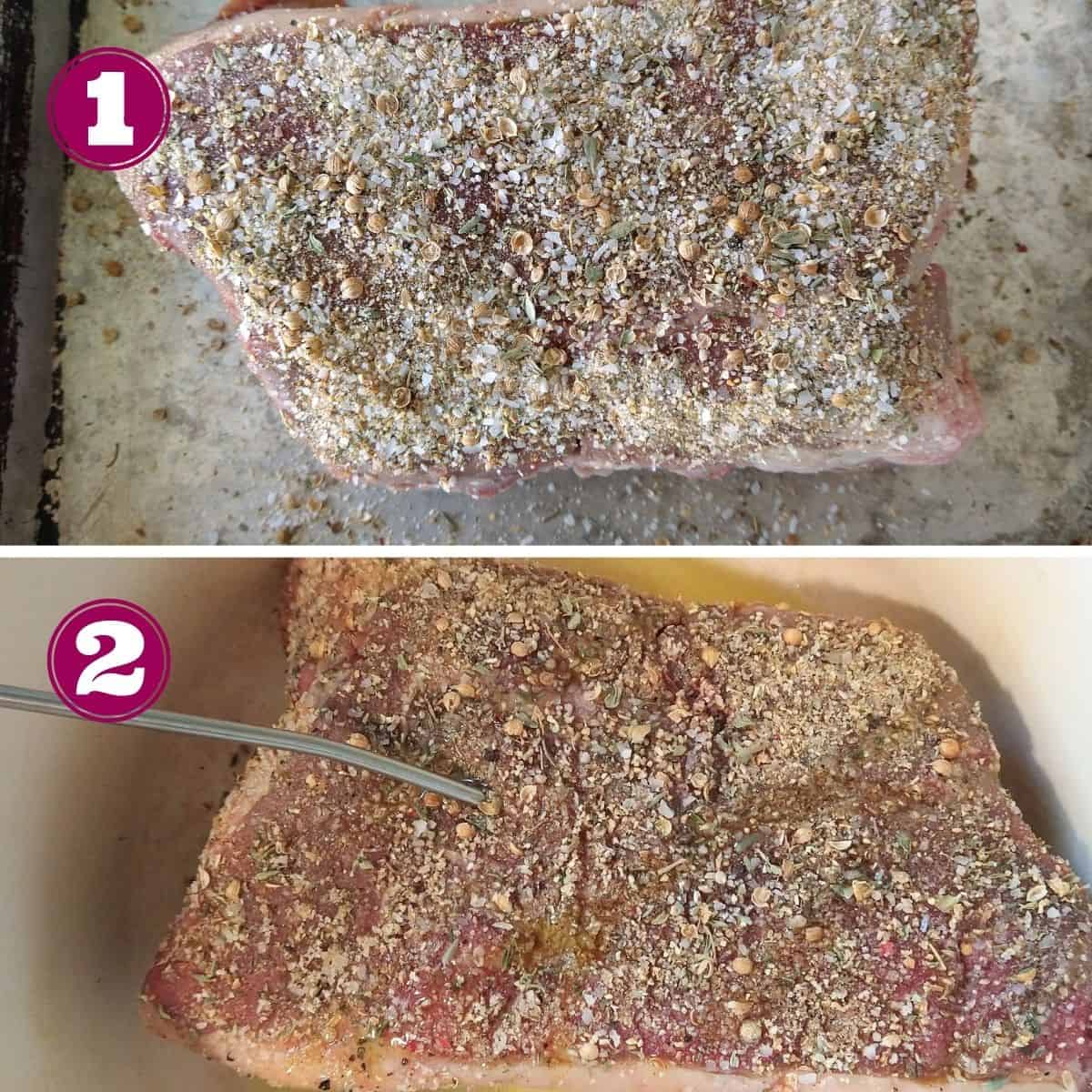 Step 1 shows a bottom round roast covered in a dry rub on a metal sheet pan.
Step 2 shows the roast in a Dutch oven with a probe sticking into the center of the roast.