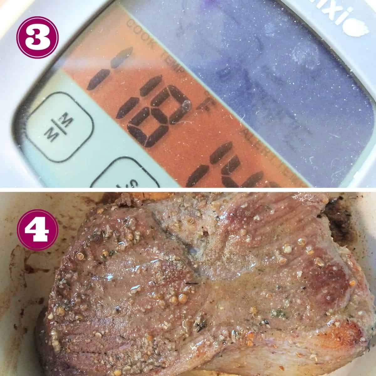 Step 3 shows the temperature gage at 118 degrees.
Step 4 shows the finished browned roast in the Dutch oven after it as removed from the oven.