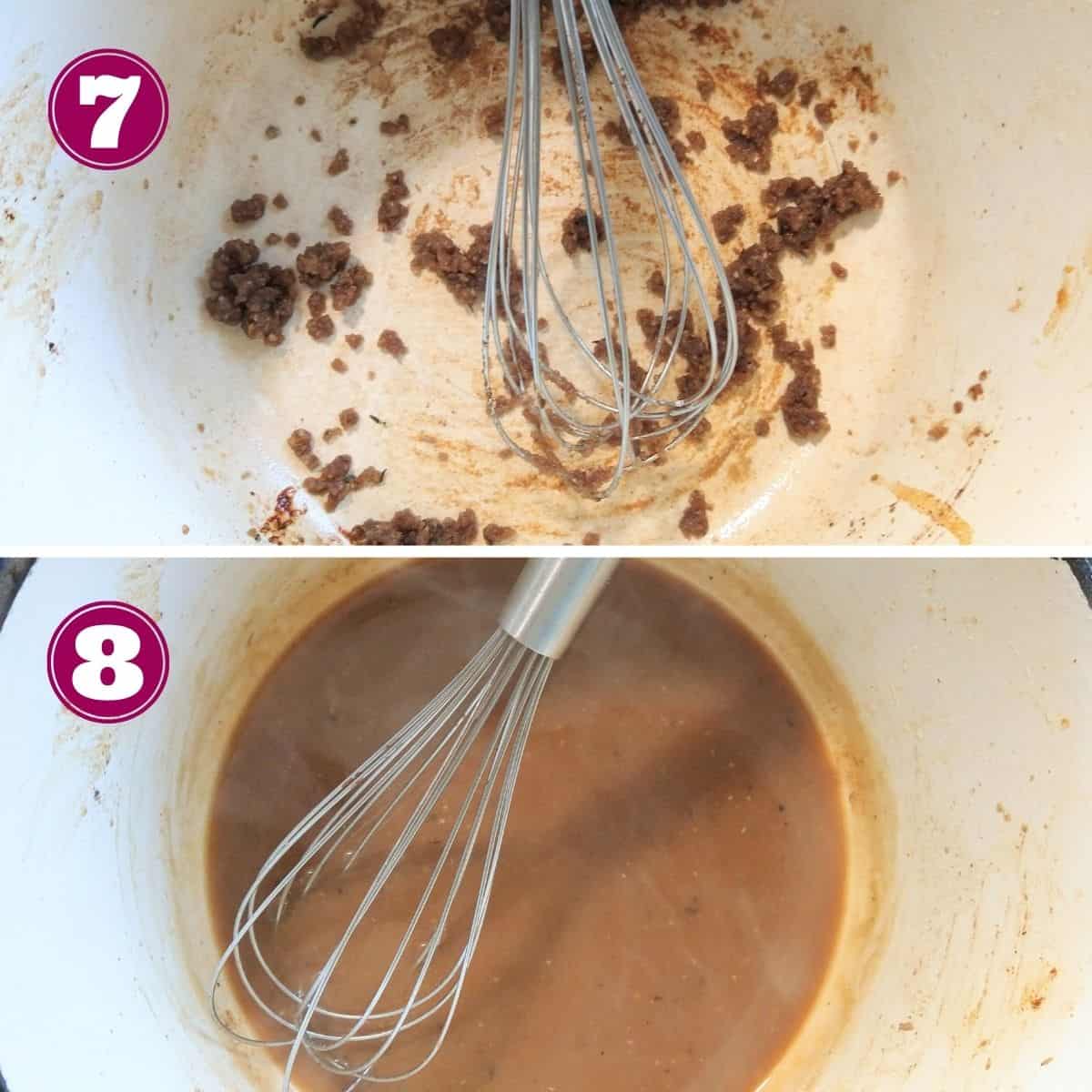 Step 7 shows the Dutch oven with clumps of cooking flour and a whisk.
Step 8 shows the finished smooth brown gravy with a whisk.