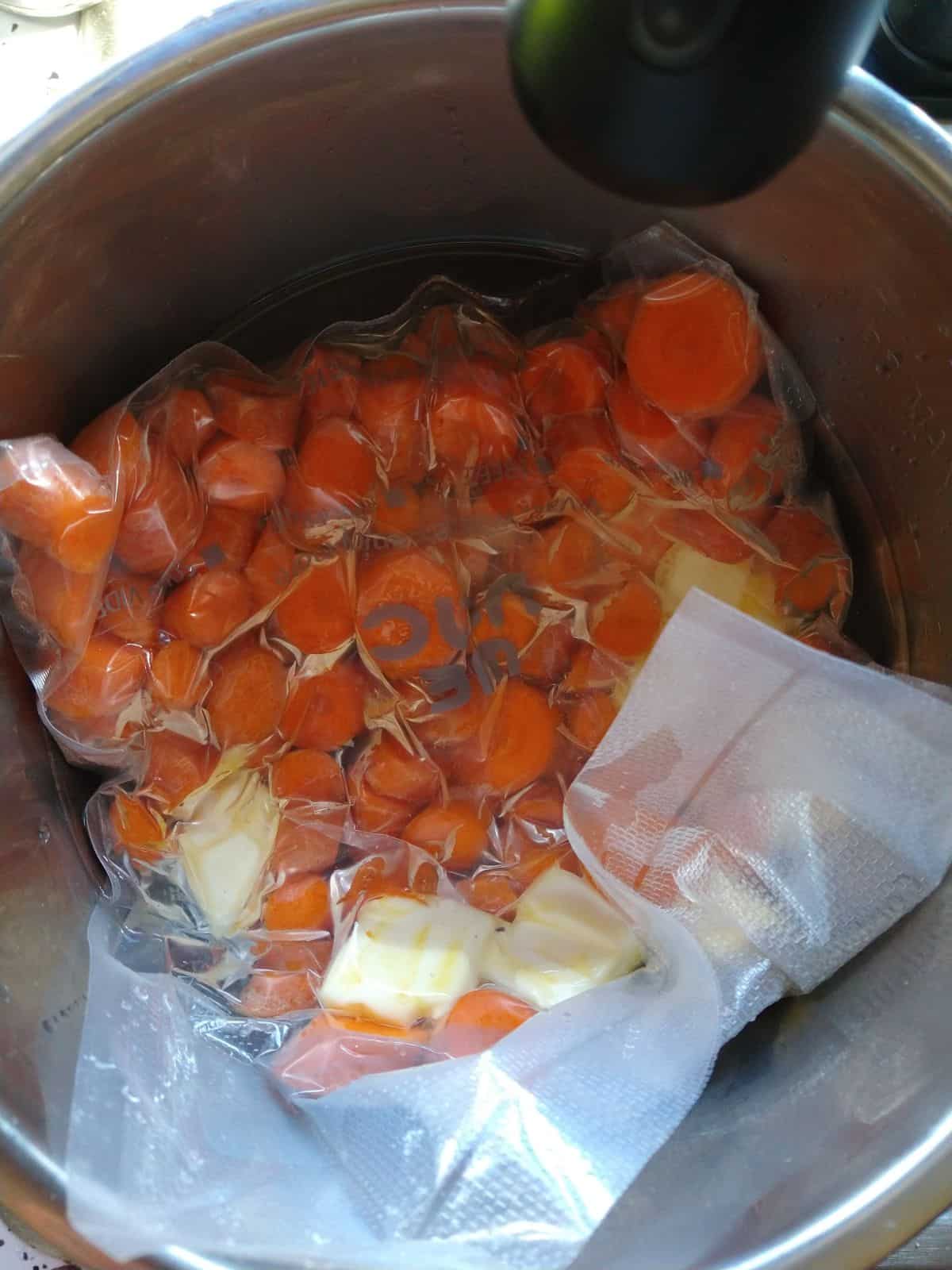 Vacuum sealed carrots with butter in the pot of the Instant Pot with water/