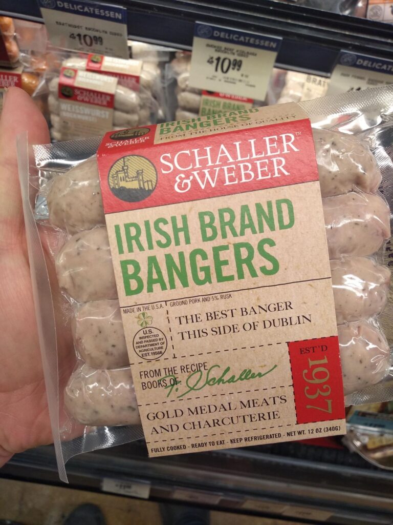 A package of Schaller & Weber Irish Brand bangers being held at the grocery store. 