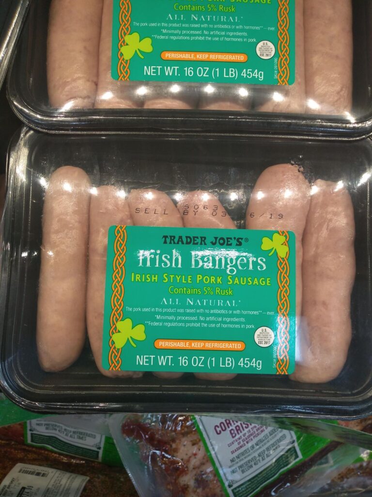 Trader Joe's Irish Bangers - Irish Style Pork Sausage that contains 5% rusk in package at the store.