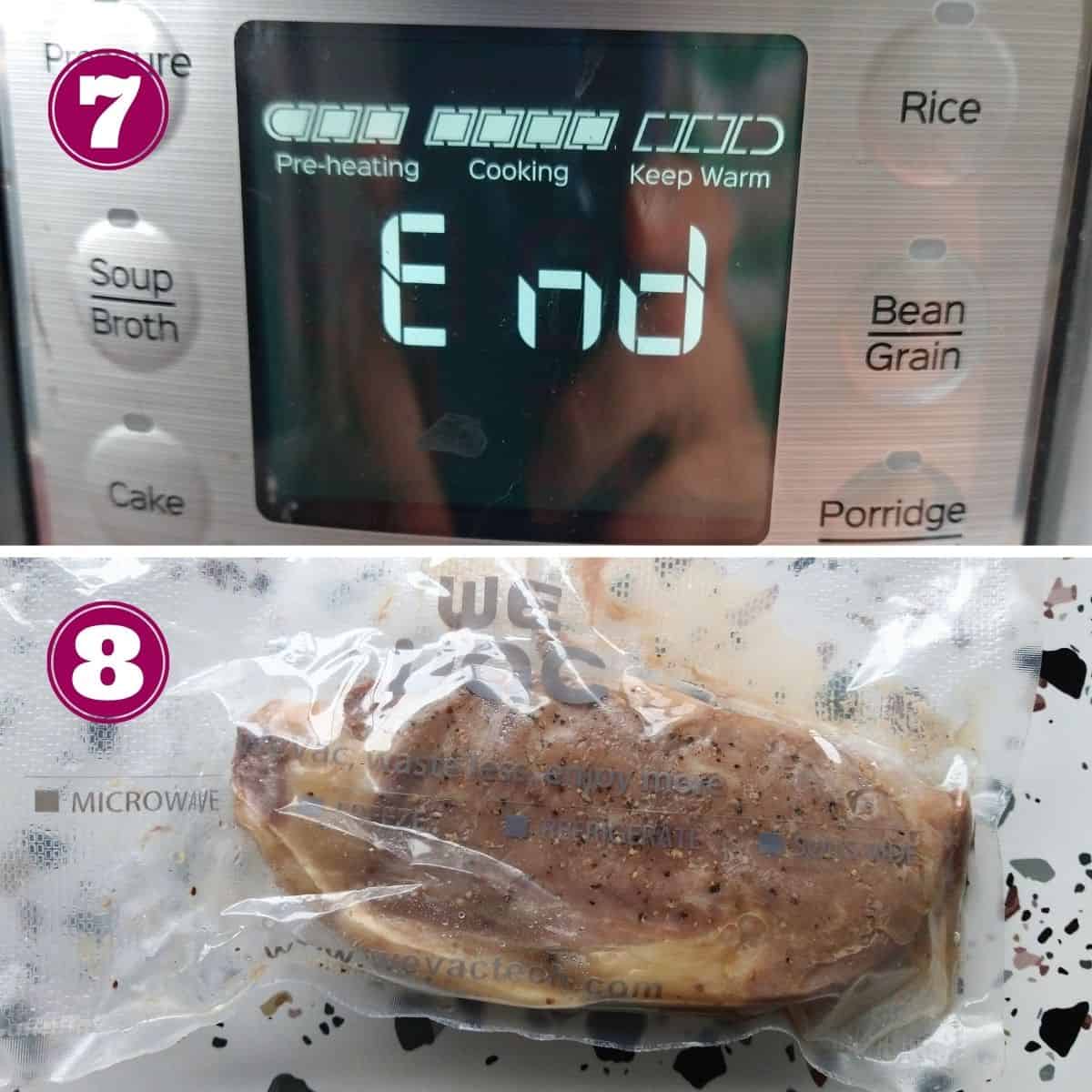 Step 7 shows the Instant Pot reading "end".
Step 8 shows the finished steak in a vacuum sealed bag on the table.