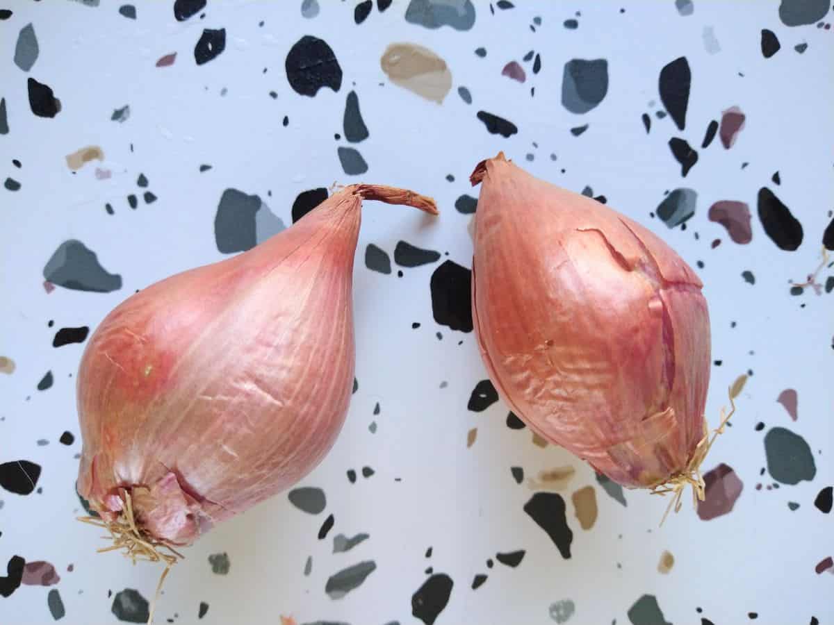 Two raw shallots sitting on a table that is white with different colored spots.