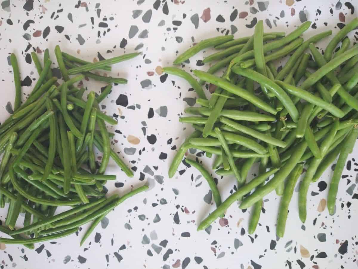 Thin Franch Greens in a pile on a white table with colored dots, right next to regular sized Green Beans 