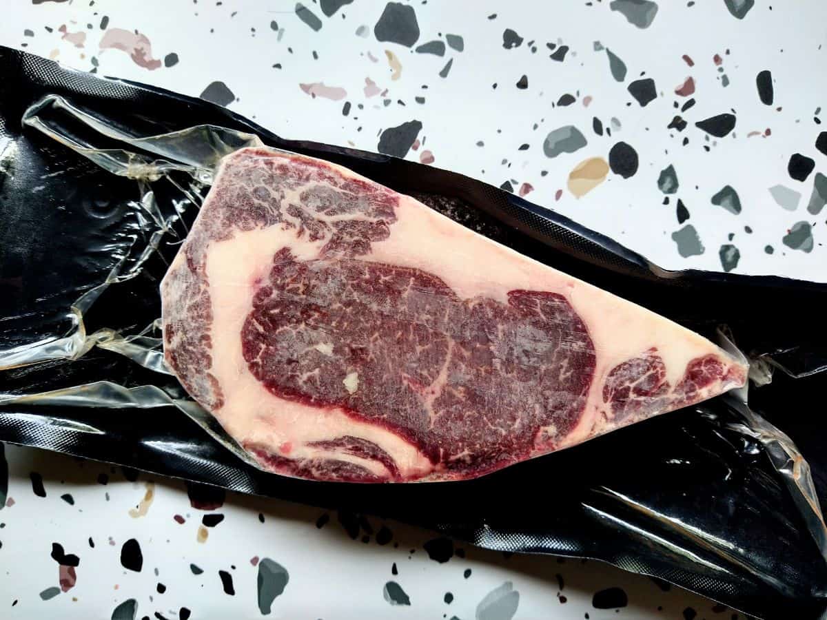A frozen vacuum sealed Bison Ribeye steak sitting on a white table with colored spots.