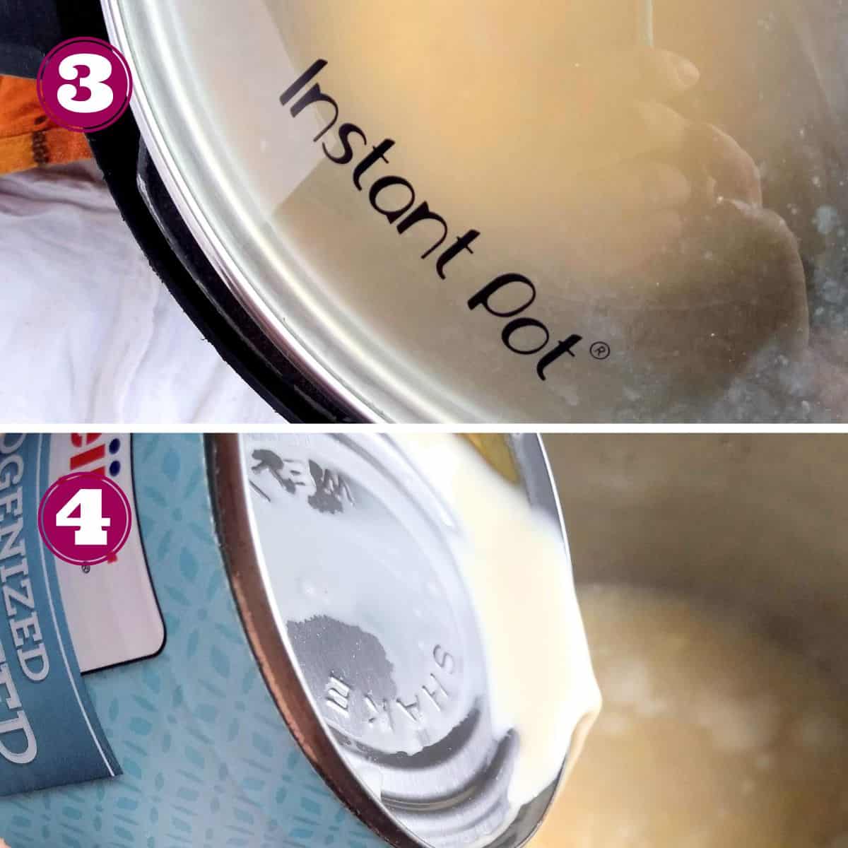 Step 3 shows putting a glass Instant Pot lid on
Step 4 shows pouring in the evaporated milk